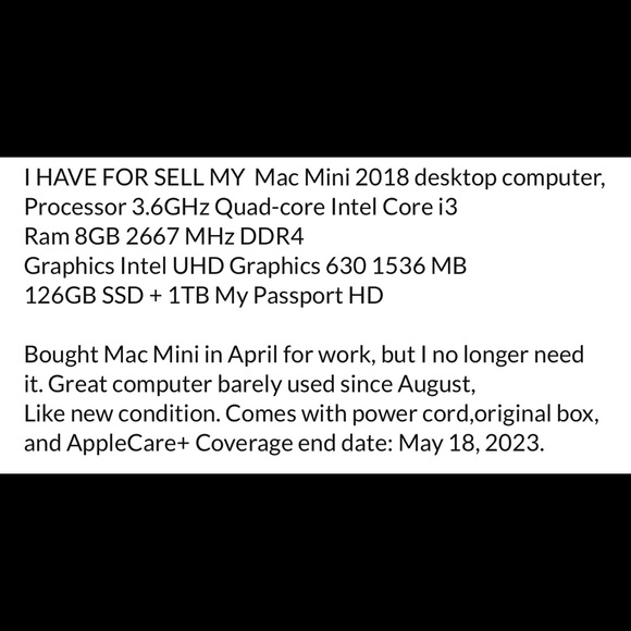 Mac 2018 Processor 3.6GHz Intel Core i3
Ram 8GB 2667 MHz DDR4
126GB SSD + 1TB HD - Picture 13 of 13
